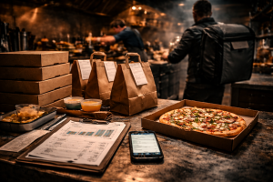 Vorbereitete Lieferbestellungen in einer Gastronomieküche, Pizzakartons und Tüten auf Arbeitsfläche, im Hintergrund laufender Küchenbetrieb unter Zeitdruck