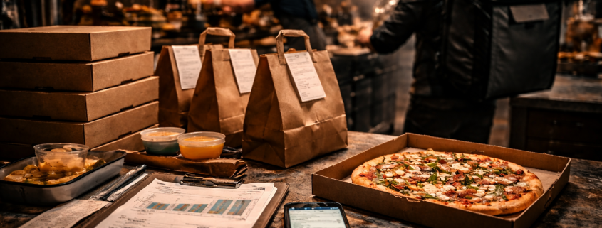 Vorbereitete Lieferbestellungen in einer Gastronomieküche, Pizzakartons und Tüten auf Arbeitsfläche, im Hintergrund laufender Küchenbetrieb unter Zeitdruck