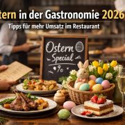 Ostern in der Gastronomie 2026, festlich gedeckter Restauranttisch mit Osterdekoration, saisonalen Speisen und Getränken als Symbol für Osterangebote, Osterbrunch und mehr Umsatz im Restaurant