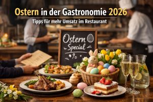 Ostern in der Gastronomie 2026, festlich gedeckter Restauranttisch mit Osterdekoration, saisonalen Speisen und Getränken als Symbol für Osterangebote, Osterbrunch und mehr Umsatz im Restaurant