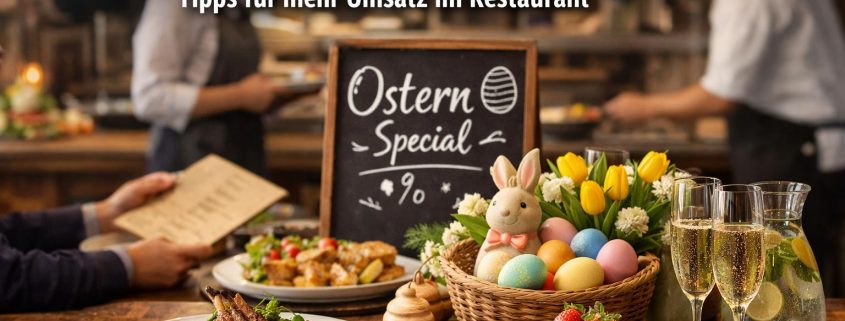 Ostern in der Gastronomie 2026, festlich gedeckter Restauranttisch mit Osterdekoration, saisonalen Speisen und Getränken als Symbol für Osterangebote, Osterbrunch und mehr Umsatz im Restaurant