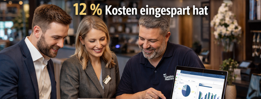 Digitalisierung im Hotel, Beratungsszene an der Rezeption mit Laptop, Tablet und Auswertung zur Effizienzsteigerung und Kostensenkung durch die Gastro Piraten