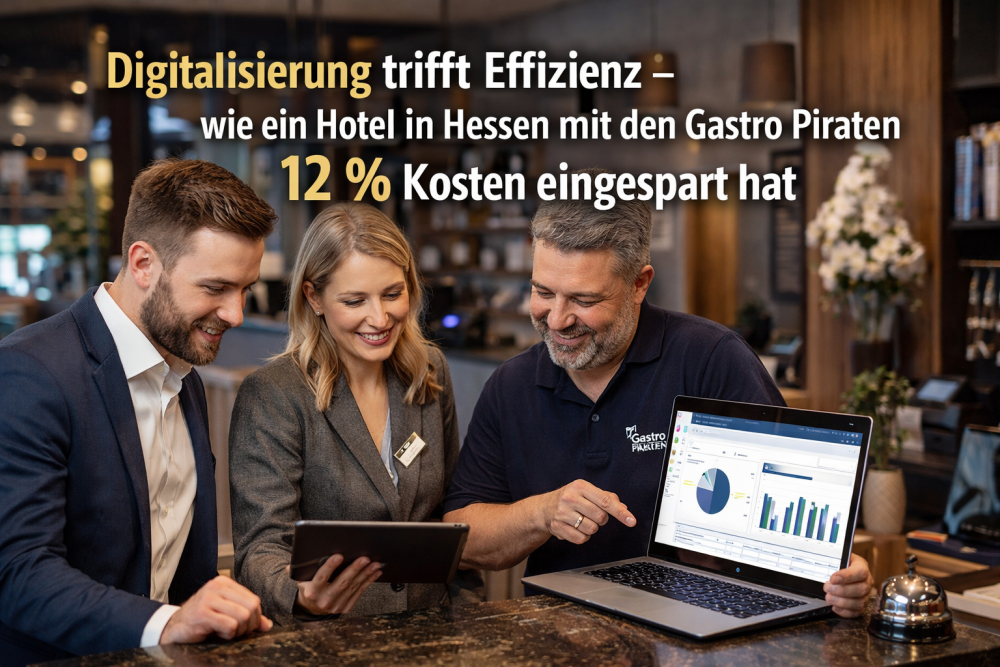 Digitalisierung im Hotel, Beratungsszene an der Rezeption mit Laptop, Tablet und Auswertung zur Effizienzsteigerung und Kostensenkung durch die Gastro Piraten