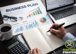 Foto einer Gastronomie Businessplan-Szene mit Laptop, Diagrammen, Notizbuch, Taschenrechner und einer Hand, die schreibt. In der unteren rechten Ecke befindet sich das Gastro Piraten Logo.