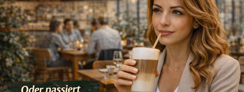 Frau mit Latte Macchiato im Restaurant, im Hintergrund laufender Gastronomiebetrieb mit Service und Gästen. Das Motiv steht für die Umsatzsteuerfalle 2026 beim Latte Macchiato und zeigt ein typisches Beratungsthema der Gastro Piraten rund um Kassenprogrammierung, Umsatzsteuer und Fehlerquellen in der Gastronomie.