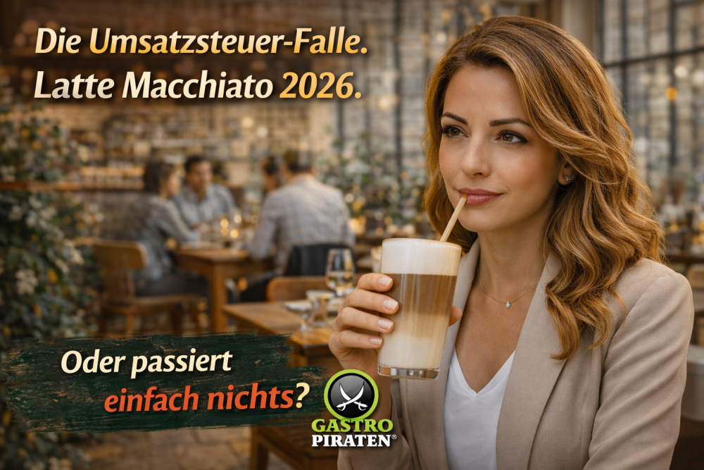 Frau mit Latte Macchiato im Restaurant, im Hintergrund laufender Gastronomiebetrieb mit Service und Gästen. Das Motiv steht für die Umsatzsteuerfalle 2026 beim Latte Macchiato und zeigt ein typisches Beratungsthema der Gastro Piraten rund um Kassenprogrammierung, Umsatzsteuer und Fehlerquellen in der Gastronomie.