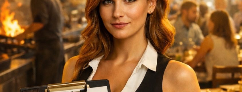 Deckungsbeitragskalkulation in der Gastronomie: In einem gut besuchten Restaurant analysiert eine Managerin die betriebswirtschaftlichen Kennzahlen und zeigt, warum viele Restaurants trotz voller Tische keinen Gewinn erzielen. Das Bild verdeutlicht den Unterschied zwischen klassischer Mal-drei-Kalkulation und moderner Deckungsbeitragsrechnung, mit dem Ziel, den Gewinn pro Gast nachhaltig zu steigern.