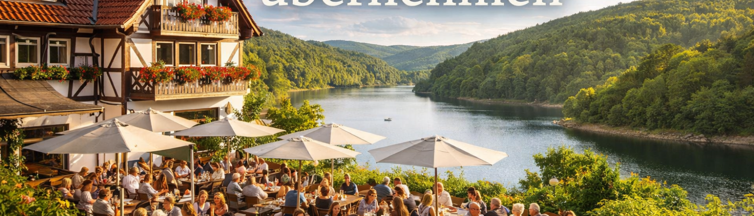 Landgasthof übernehmen, ein Landgasthof im ländlichen raum, an einem Stausee mit einer vollen Terrasse und vielen Gästen