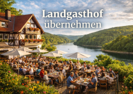 Landgasthof übernehmen, ein Landgasthof im ländlichen raum, an einem Stausee mit einer vollen Terrasse und vielen Gästen