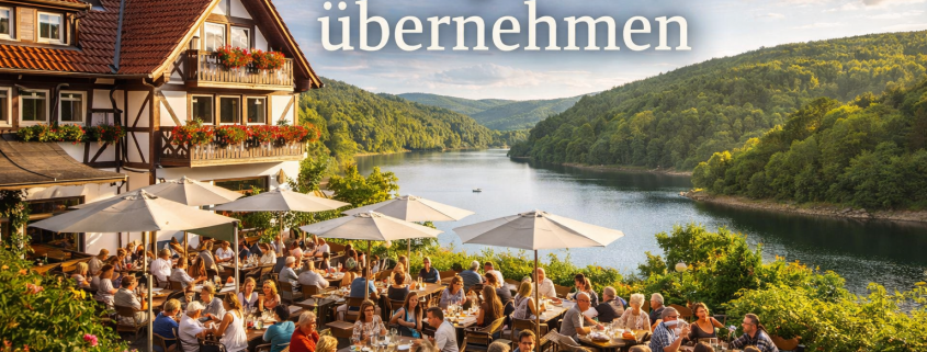 Landgasthof übernehmen, ein Landgasthof im ländlichen raum, an einem Stausee mit einer vollen Terrasse und vielen Gästen