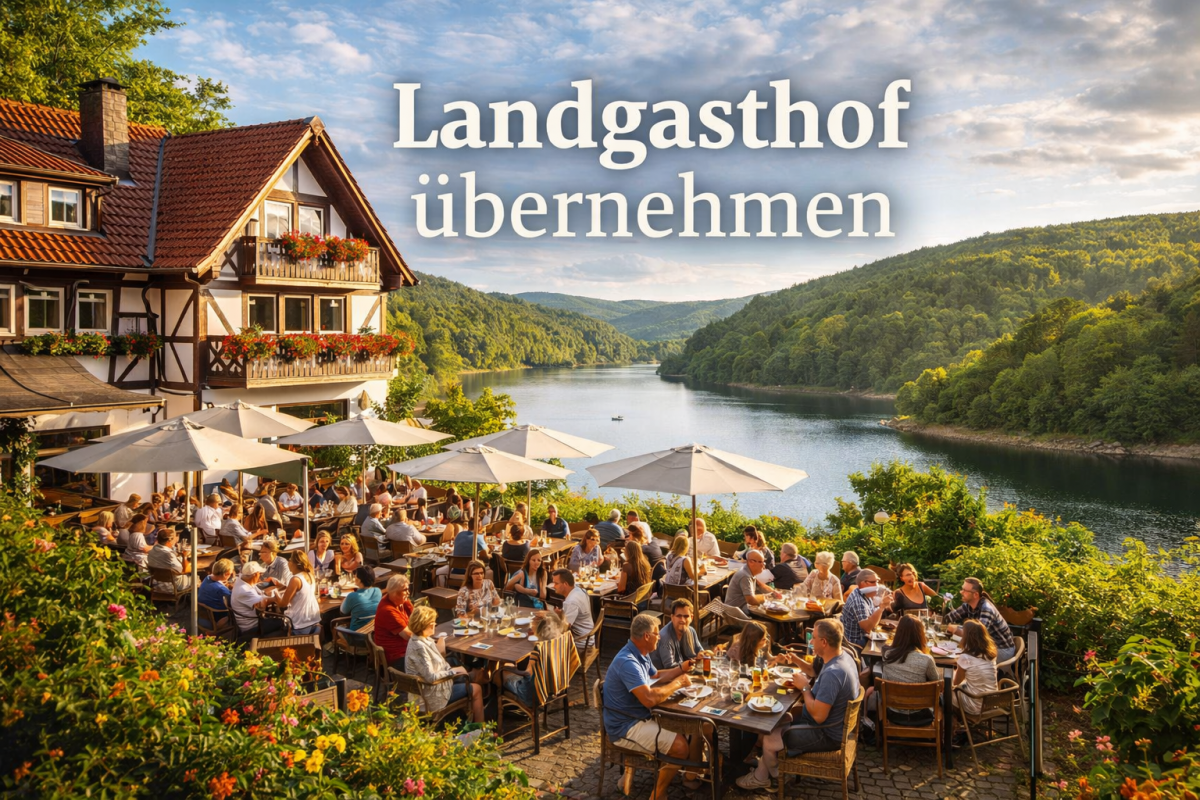 Landgasthof übernehmen, ein Landgasthof im ländlichen raum, an einem Stausee mit einer vollen Terrasse und vielen Gästen