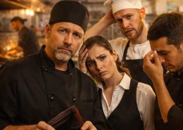 Mindestlohn 2026 in der Gastronomie: In einer professionellen Restaurantküche zeigt ein Team aus Köchen und Servicekräften die Auswirkungen steigender Lohnkosten auf den laufenden Betrieb. Trotz gut ausgelastetem Restaurant stehen viele Betriebe vor der Herausforderung, höhere Personalkosten wirtschaftlich zu tragen und ihre Kalkulation anzupassen. Mindestlohn Gastronomie 2026