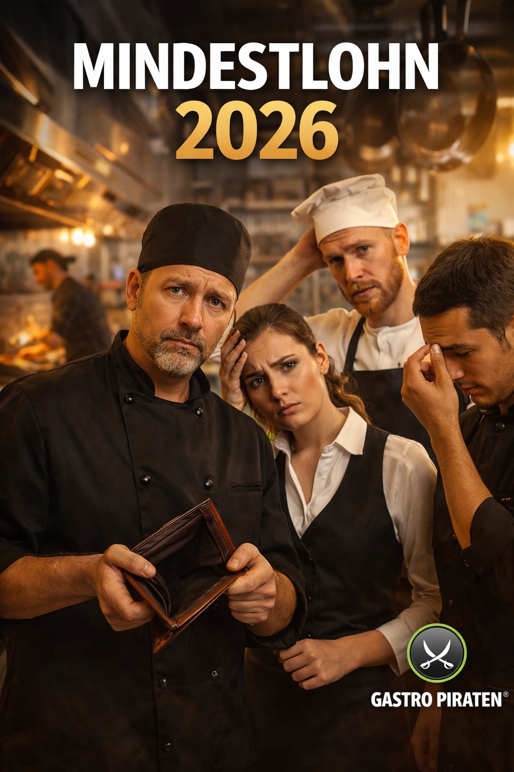 Mindestlohn 2026 in der Gastronomie: In einer professionellen Restaurantküche zeigt ein Team aus Köchen und Servicekräften die Auswirkungen steigender Lohnkosten auf den laufenden Betrieb. Trotz gut ausgelastetem Restaurant stehen viele Betriebe vor der Herausforderung, höhere Personalkosten wirtschaftlich zu tragen und ihre Kalkulation anzupassen. Mindestlohn Gastronomie 2026