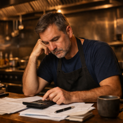 Ein Restaurantinhaber sitzt spätabends in einer professionellen Edelstahlküche an einem kleinen Holztisch und prüft konzentriert Finanzunterlagen mit Taschenrechner, die warme Beleuchtung erzeugt eine nachdenkliche, leicht melancholische Stimmung.