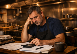 Ein Restaurantinhaber sitzt spätabends in einer professionellen Edelstahlküche an einem kleinen Holztisch und prüft konzentriert Finanzunterlagen mit Taschenrechner, die warme Beleuchtung erzeugt eine nachdenkliche, leicht melancholische Stimmung.