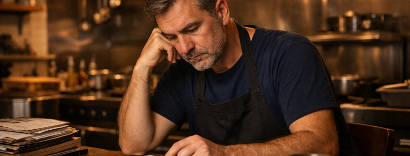 Ein Restaurantinhaber sitzt spätabends in einer professionellen Edelstahlküche an einem kleinen Holztisch und prüft konzentriert Finanzunterlagen mit Taschenrechner, die warme Beleuchtung erzeugt eine nachdenkliche, leicht melancholische Stimmung.