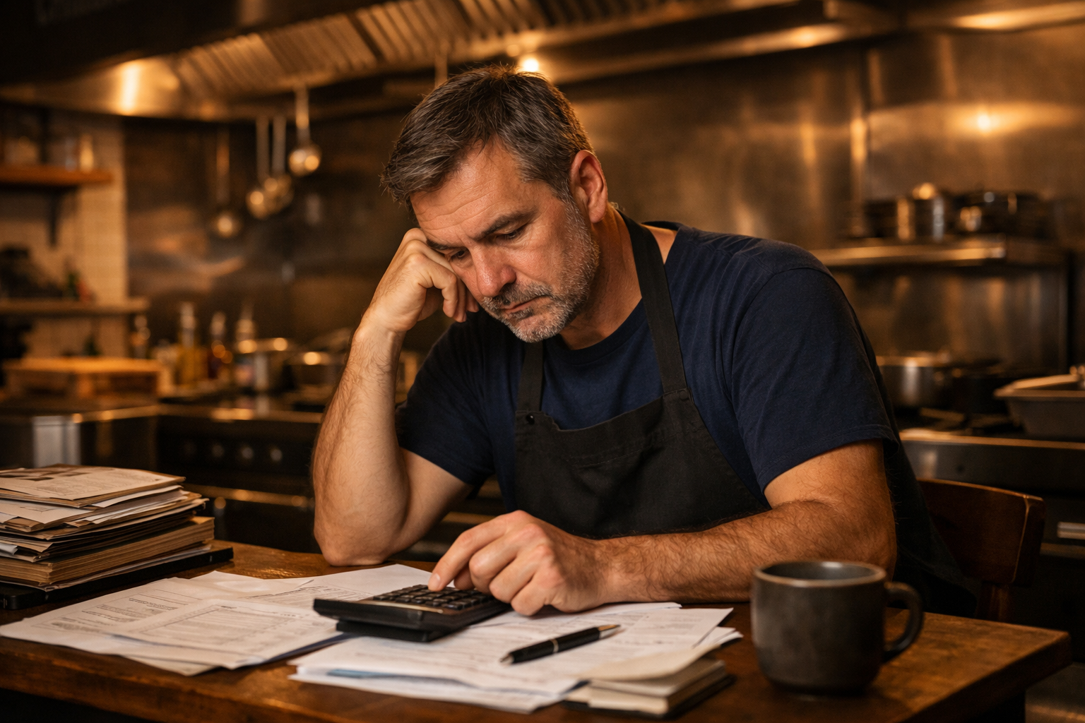 Ein Restaurantinhaber sitzt spätabends in einer professionellen Edelstahlküche an einem kleinen Holztisch und prüft konzentriert Finanzunterlagen mit Taschenrechner, die warme Beleuchtung erzeugt eine nachdenkliche, leicht melancholische Stimmung.