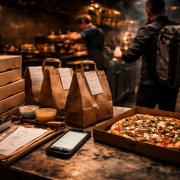 Verpackte Lieferbestellungen in einer Profiküche, Pizzakartons und Tüten auf Arbeitsfläche, im Hintergrund ein Koch bei der Zubereitung und ein Fahrer mit Rucksack bereit zur Abholung
