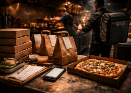 Verpackte Lieferbestellungen in einer Profiküche, Pizzakartons und Tüten auf Arbeitsfläche, im Hintergrund ein Koch bei der Zubereitung und ein Fahrer mit Rucksack bereit zur Abholung