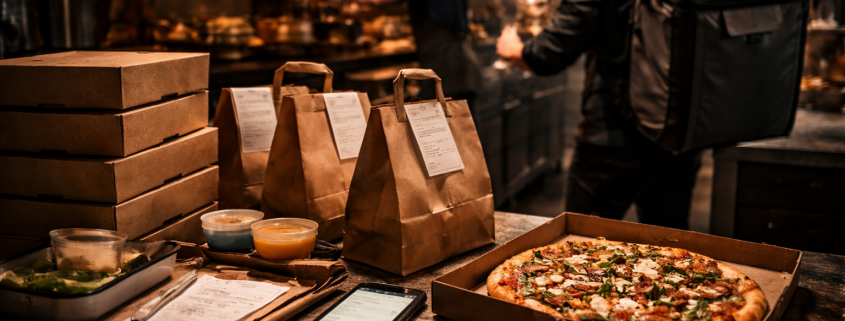 Verpackte Lieferbestellungen in einer Profiküche, Pizzakartons und Tüten auf Arbeitsfläche, im Hintergrund ein Koch bei der Zubereitung und ein Fahrer mit Rucksack bereit zur Abholung