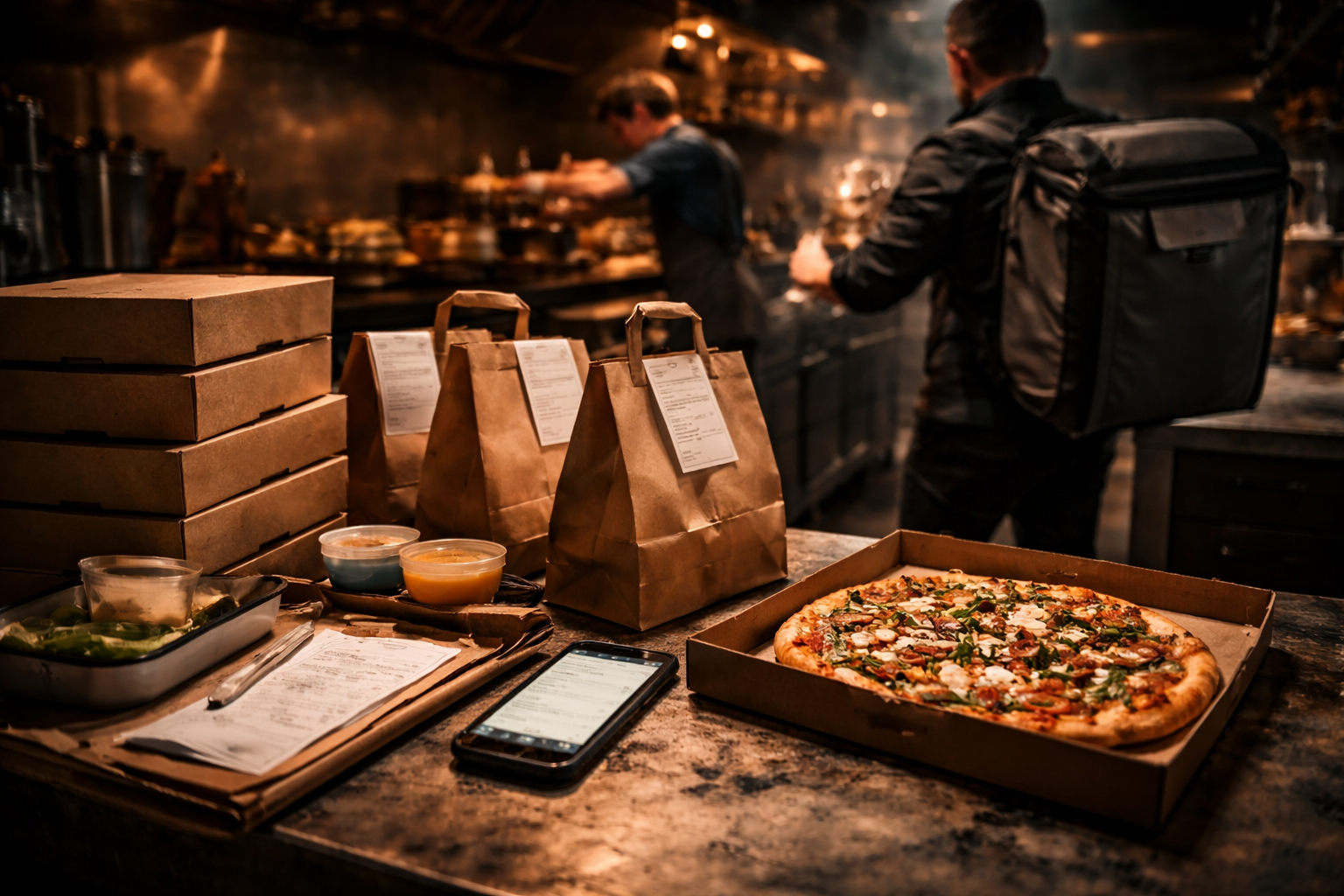 Verpackte Lieferbestellungen in einer Profiküche, Pizzakartons und Tüten auf Arbeitsfläche, im Hintergrund ein Koch bei der Zubereitung und ein Fahrer mit Rucksack bereit zur Abholung