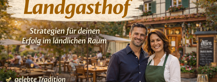 Ein sympathisches Betreiberpaar steht vor einem gut besuchten Landgasthof mit Außenterrasse. Im Hintergrund sieht man das traditionelle Gebäude, warme Abendstimmung und Gäste an den Tischen. Im Vordergrund steht ein rustikaler Holztisch mit einem angerichteten Gericht und einem Glas Weißwein. Über dem Bild liegt die Überschrift zur Positionierung eines Landgasthofs im ländlichen Raum.