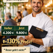 Frischer weißer Spargel auf rustikalem Holztisch in einem hellen, gut besuchten Restaurant, daneben Taschenrechner, Klemmbrett und Kalkulationsunterlagen zur wirtschaftlichen Planung in der Gastronomie.