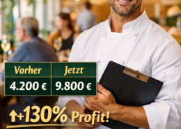 Frischer weißer Spargel auf rustikalem Holztisch in einem hellen, gut besuchten Restaurant, daneben Taschenrechner, Klemmbrett und Kalkulationsunterlagen zur wirtschaftlichen Planung in der Gastronomie.