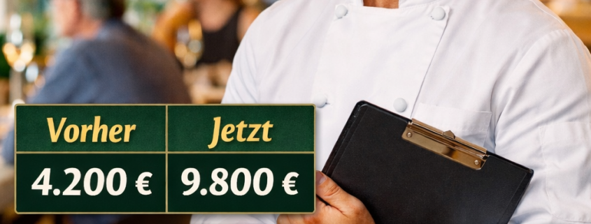 Frischer weißer Spargel auf rustikalem Holztisch in einem hellen, gut besuchten Restaurant, daneben Taschenrechner, Klemmbrett und Kalkulationsunterlagen zur wirtschaftlichen Planung in der Gastronomie.