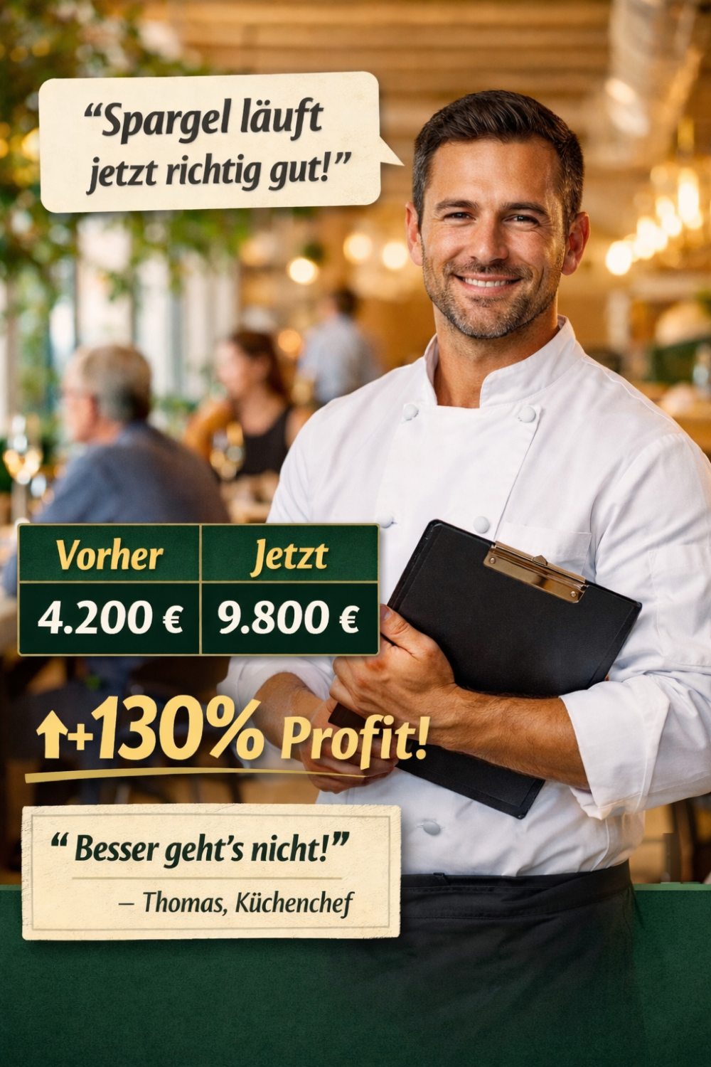 Frischer weißer Spargel auf rustikalem Holztisch in einem hellen, gut besuchten Restaurant, daneben Taschenrechner, Klemmbrett und Kalkulationsunterlagen zur wirtschaftlichen Planung in der Gastronomie.