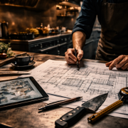 Koch plant Küchenlayout auf Bauzeichnung in einer professionellen Gastrroküche, Hände mit Stift über detailliertem Plan, umgeben von Küchenwerkzeugen und Tablet