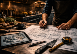 Koch plant Küchenlayout auf Bauzeichnung in einer professionellen Gastrroküche, Hände mit Stift über detailliertem Plan, umgeben von Küchenwerkzeugen und Tablet