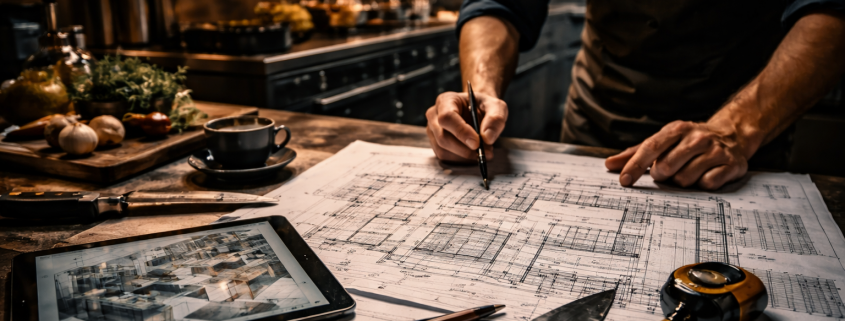 Koch plant Küchenlayout auf Bauzeichnung in einer professionellen Gastrroküche, Hände mit Stift über detailliertem Plan, umgeben von Küchenwerkzeugen und Tablet
