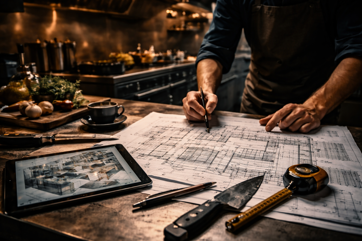 Koch plant Küchenlayout auf Bauzeichnung in einer professionellen Gastrroküche, Hände mit Stift über detailliertem Plan, umgeben von Küchenwerkzeugen und Tablet