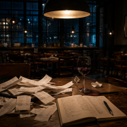 Leerer Restaurantgastraum nach Feierabend, ein einzelnes Pendellicht beleuchtet einen Tisch mit verstreuten Kassenbons, halbvollem Weinglas und offenem Notizbuch, in tiefen Blau- und warmen Bernsteintönen, fotorealistisch und stimmungsvoll.