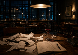 Leerer Restaurantgastraum nach Feierabend, ein einzelnes Pendellicht beleuchtet einen Tisch mit verstreuten Kassenbons, halbvollem Weinglas und offenem Notizbuch, in tiefen Blau- und warmen Bernsteintönen, fotorealistisch und stimmungsvoll.