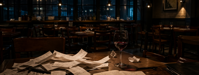 Leerer Restaurantgastraum nach Feierabend, ein einzelnes Pendellicht beleuchtet einen Tisch mit verstreuten Kassenbons, halbvollem Weinglas und offenem Notizbuch, in tiefen Blau- und warmen Bernsteintönen, fotorealistisch und stimmungsvoll.