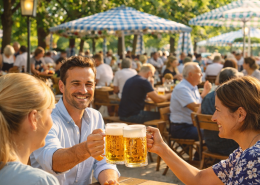 Sonniger deutscher Biergarten mit vielen Gästen an Holztischen, gefüllten Bierkrügen, grünen Bäumen und warmer Nachmittagsstimmung.