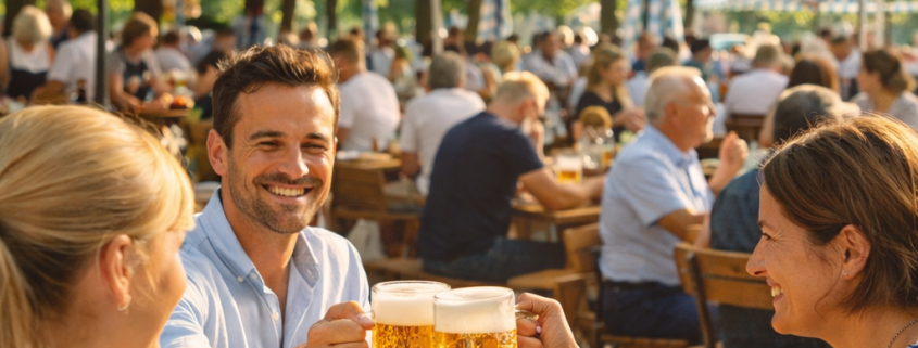 Sonniger deutscher Biergarten mit vielen Gästen an Holztischen, gefüllten Bierkrügen, grünen Bäumen und warmer Nachmittagsstimmung.