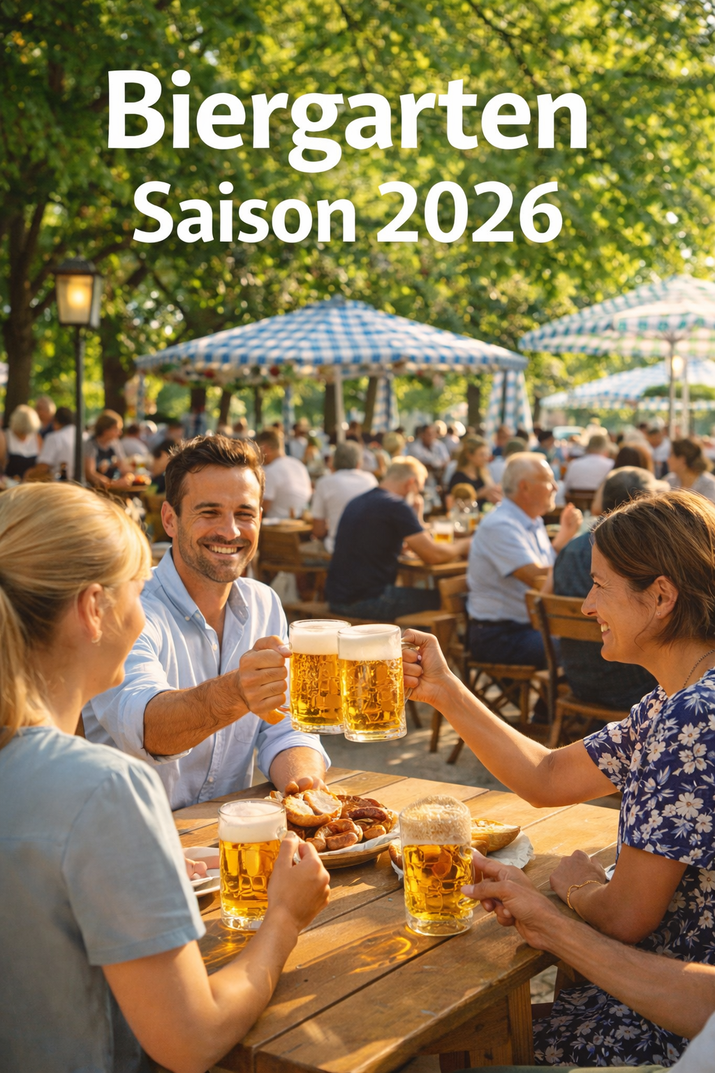 Sonniger deutscher Biergarten mit vielen Gästen an Holztischen, gefüllten Bierkrügen, grünen Bäumen und warmer Nachmittagsstimmung.
