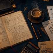 Cinematische Draufsicht auf einen dunklen Schreibtisch mit offenem Businessplan-Notizbuch, Förderunterlagen, Taschenrechner, Füller und dampfendem Espresso als Symbol für die Vorbereitung eines Gründerzuschusses.