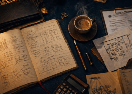 Cinematische Draufsicht auf einen dunklen Schreibtisch mit offenem Businessplan-Notizbuch, Förderunterlagen, Taschenrechner, Füller und dampfendem Espresso als Symbol für die Vorbereitung eines Gründerzuschusses.