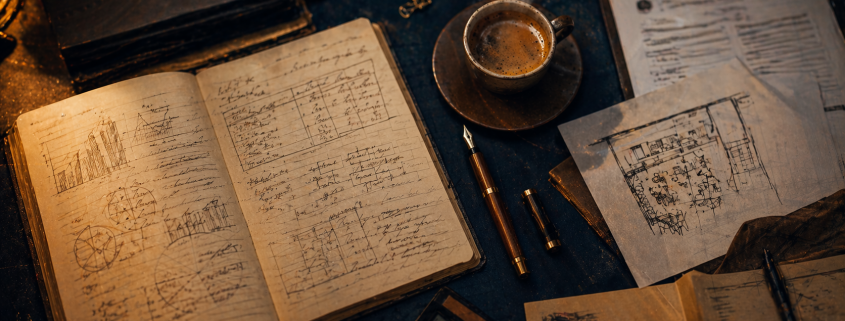 Cinematische Draufsicht auf einen dunklen Schreibtisch mit offenem Businessplan-Notizbuch, Förderunterlagen, Taschenrechner, Füller und dampfendem Espresso als Symbol für die Vorbereitung eines Gründerzuschusses.