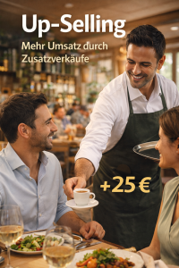 Ein Kellner serviert einem Gast im Restaurant einen Espresso und schafft damit eine typische Zusatzverkaufssituation in der Gastronomie.