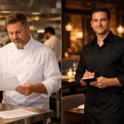 Geteilte Szene mit professioneller Restaurantküche links und Servicebereich rechts: ein Koch in weißer Jacke liest ein Papier an einer Edelstahlstation, im Hintergrund unscharf die Brigade; gegenüber ein Kellner in schwarzem Anzug mit Notizblock an einem gedeckten Tisch in warmem Licht.