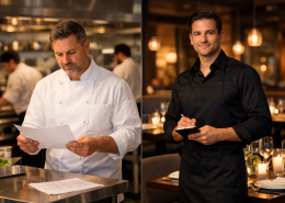 Geteilte Szene mit professioneller Restaurantküche links und Servicebereich rechts: ein Koch in weißer Jacke liest ein Papier an einer Edelstahlstation, im Hintergrund unscharf die Brigade; gegenüber ein Kellner in schwarzem Anzug mit Notizblock an einem gedeckten Tisch in warmem Licht.
