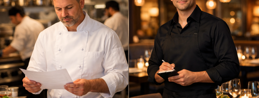 Geteilte Szene mit professioneller Restaurantküche links und Servicebereich rechts: ein Koch in weißer Jacke liest ein Papier an einer Edelstahlstation, im Hintergrund unscharf die Brigade; gegenüber ein Kellner in schwarzem Anzug mit Notizblock an einem gedeckten Tisch in warmem Licht.