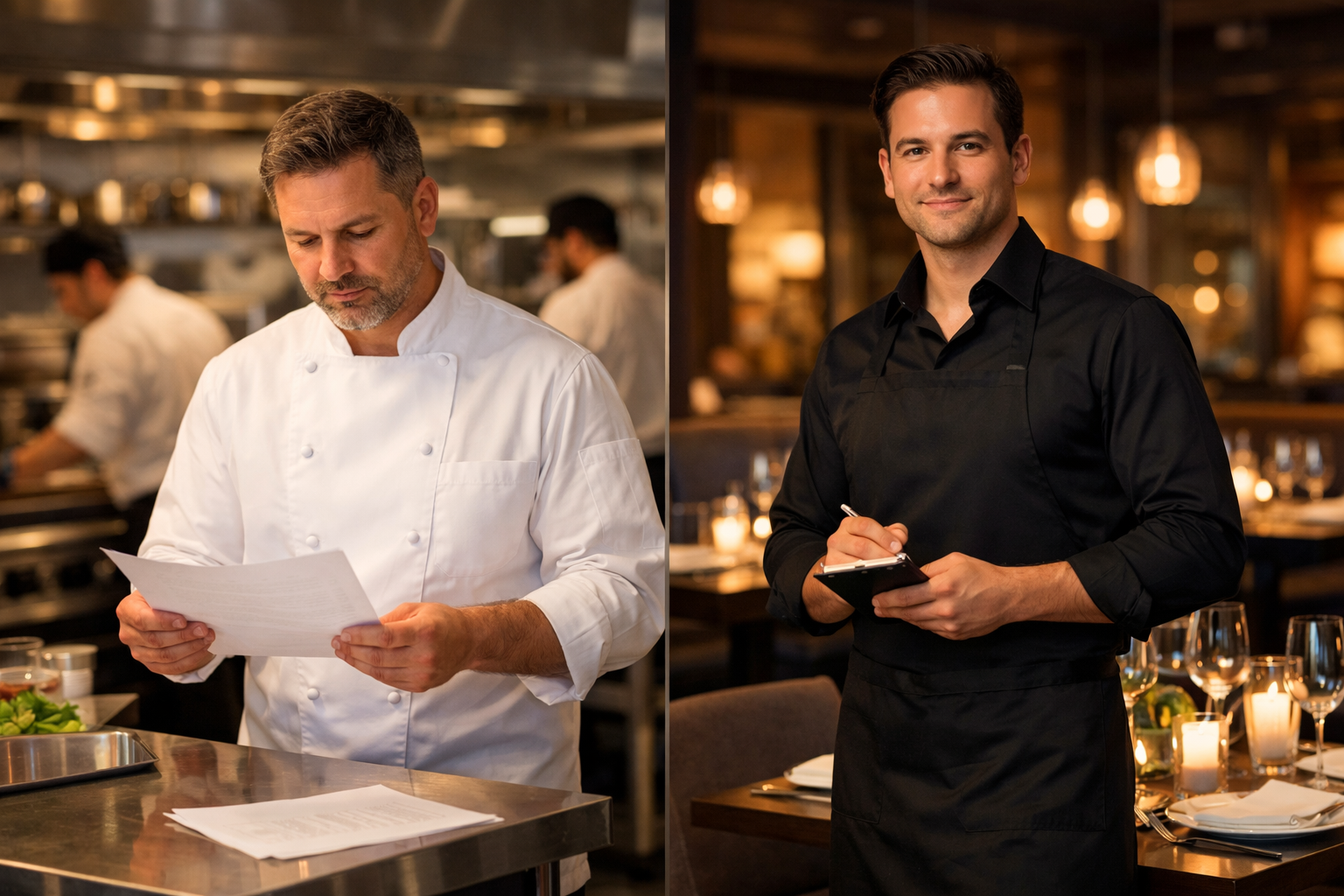 Geteilte Szene mit professioneller Restaurantküche links und Servicebereich rechts: ein Koch in weißer Jacke liest ein Papier an einer Edelstahlstation, im Hintergrund unscharf die Brigade; gegenüber ein Kellner in schwarzem Anzug mit Notizblock an einem gedeckten Tisch in warmem Licht.