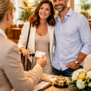 Ein Paar checkt in einer hellen, eleganten Hotellobby an der Rezeption ein. Im Vordergrund übergibt eine Mitarbeiterin die Zimmerkarte, während die Gäste mit Gepäck freundlich und entspannt wirken.
