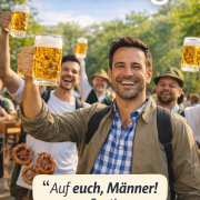 Mehrere Männer feiern Vatertag im Freien, stoßen mit Bierkrügen an und genießen bei sonnigem Wetter eine gesellige Atmosphäre.